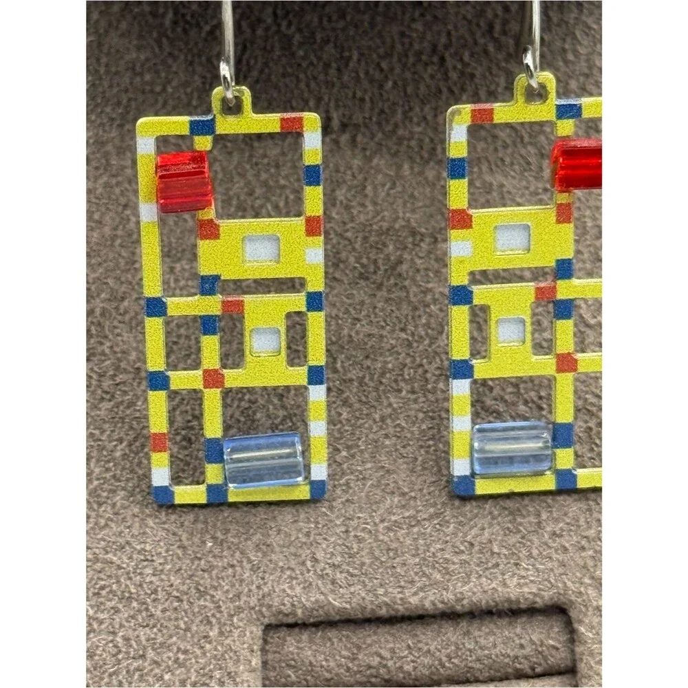 Vintage pop art Geometric Yellow Rectangle Drop Earrings with Red & Blue Accents